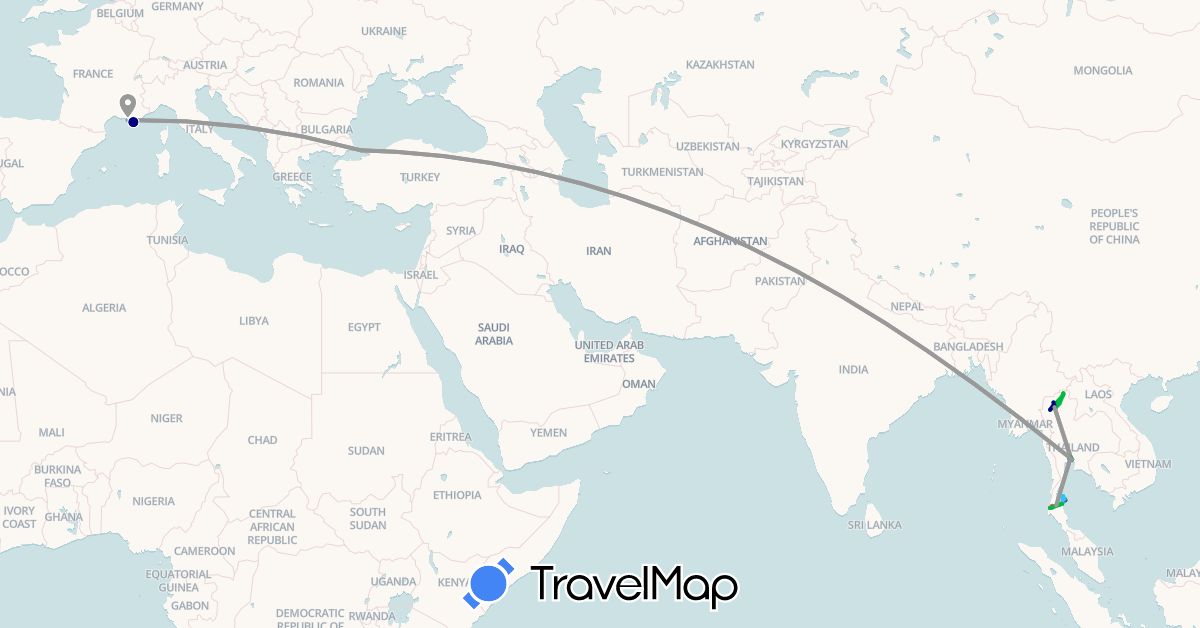 TravelMap itinerary: driving, bus, plane, hiking, boat, motorbike in France, Thailand, Turkey (Asia, Europe)